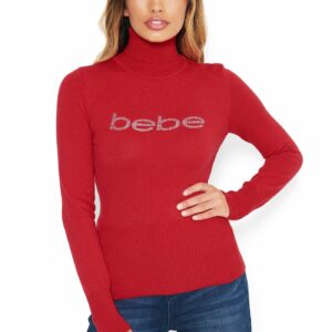 Bebe Women's Logo Turtleneck Sweater, Size XL in Crimson Viscose/Nylon