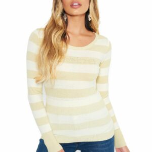 Bebe Women's Logo Metallic Stripe Sweater, Size Large in Pristine Metal/Spandex/Nylon