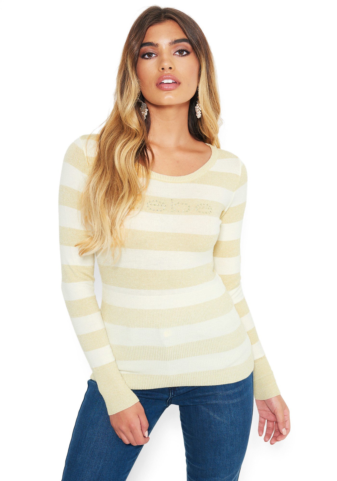 Bebe Women's Logo Metallic Stripe Sweater, Size Medium in Pristine Metal/Spandex/Nylon