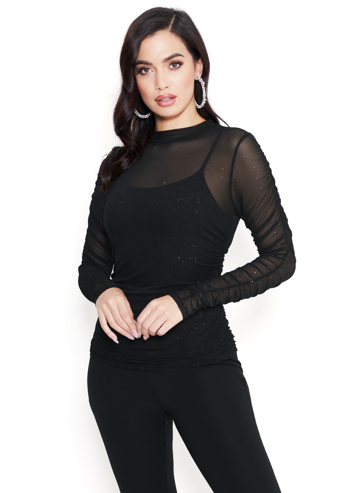 Bebe Women's Sparkle Mesh Party Top, Size Small in Black Spandex