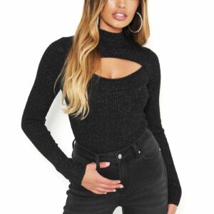 Bebe Women's Metallic Mock Neck Sweater, Size Medium in Black Metal/Spandex/Nylon