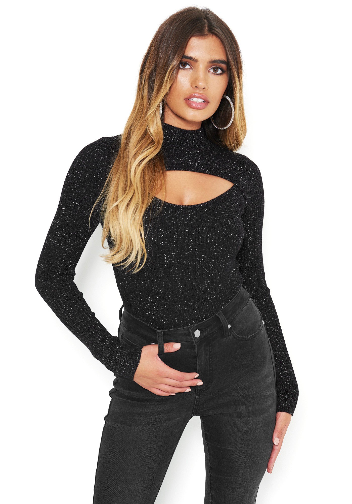 Bebe Women's Metallic Mock Neck Sweater, Size Large in Black Metal/Spandex/Nylon