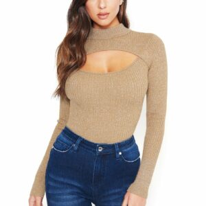 Bebe Women's Metallic Mock Neck Sweater, Size Large in Tobacco Metal/Spandex/Nylon