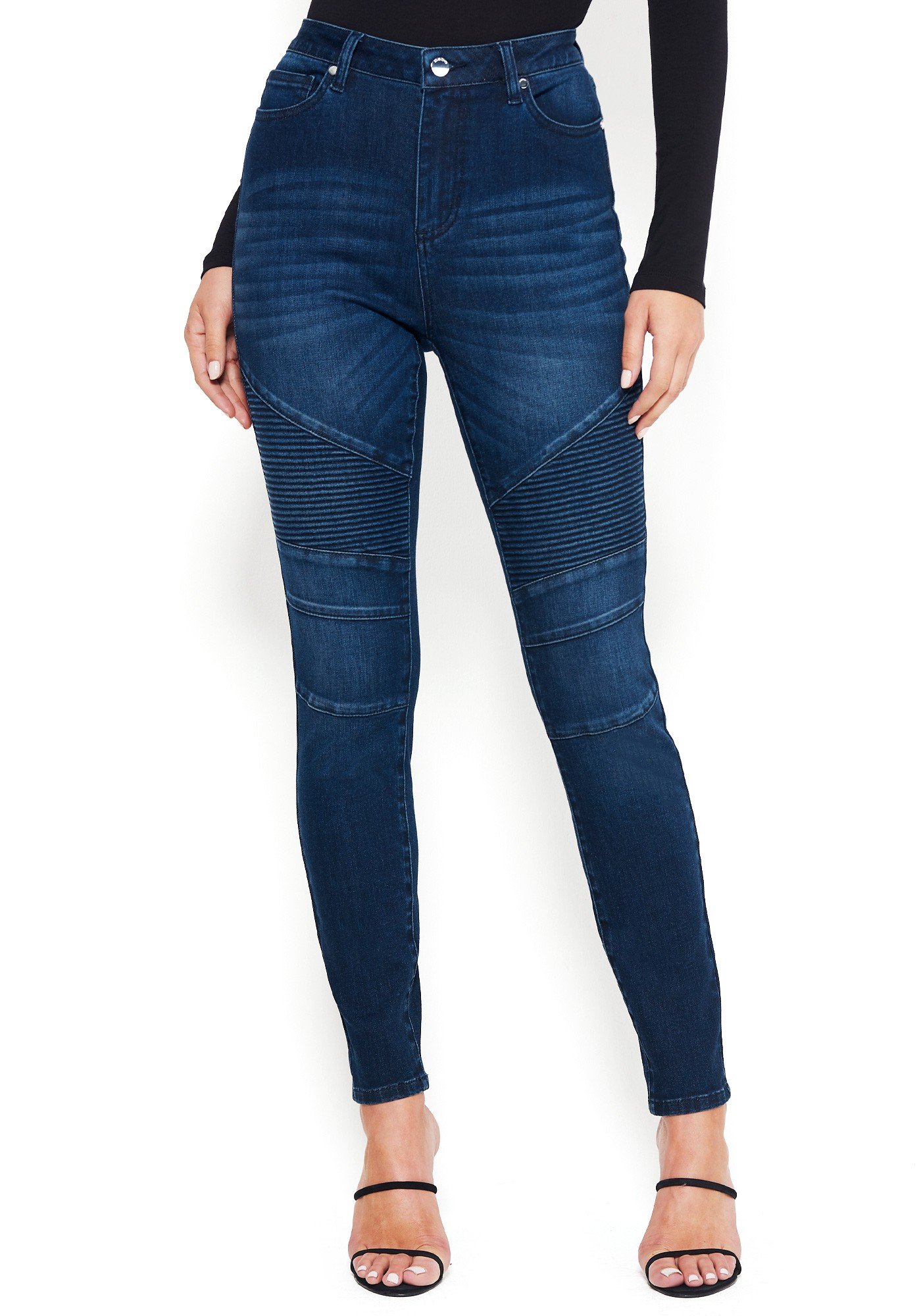 Bebe Women's Moto Detail Skinny Jeans, Size 28 in Dark Indigo Cotton/Spandex