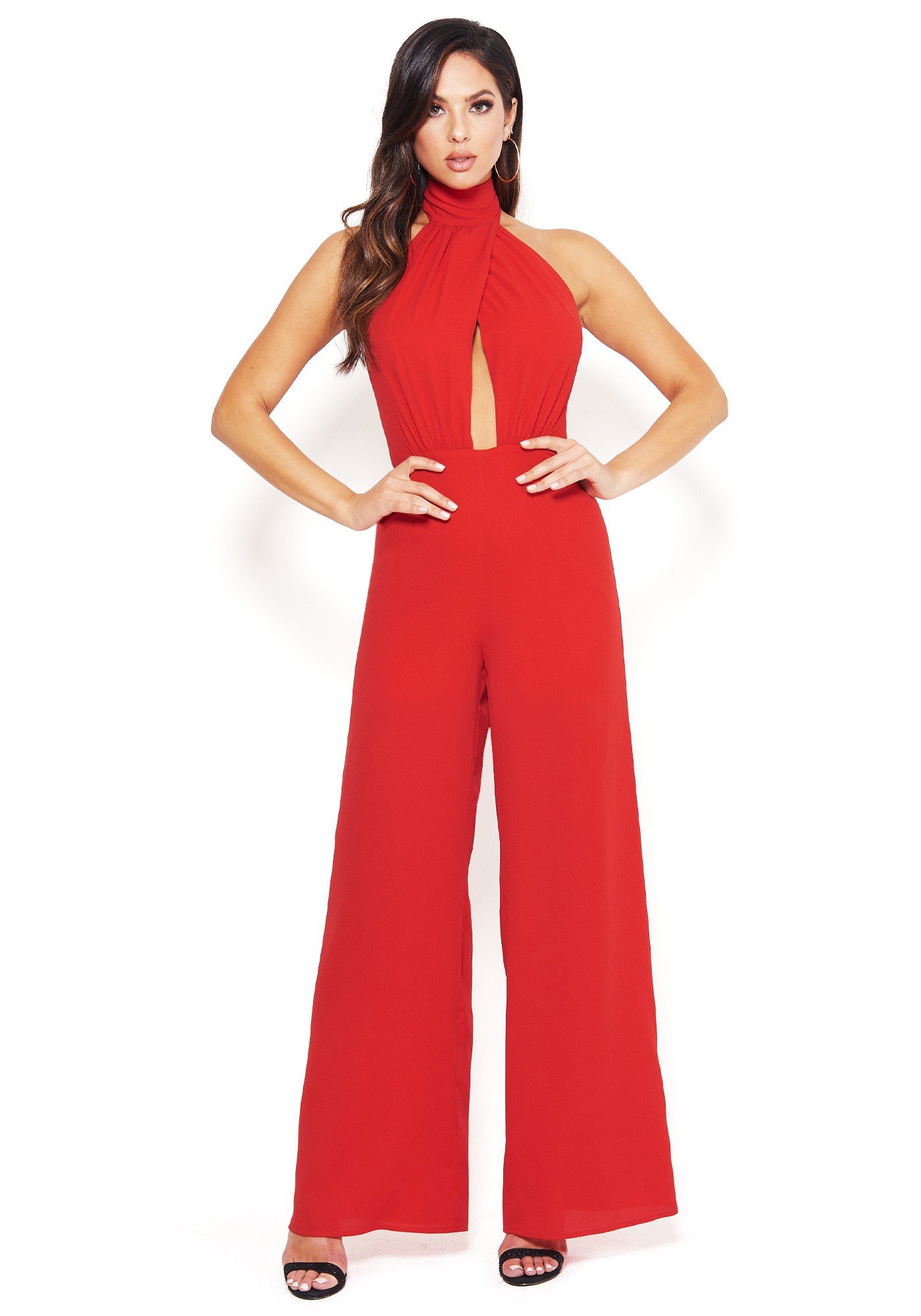 Bebe Women's Keyhole Halter Jumpsuit, Size 2 in Barbados Cherry Polyester