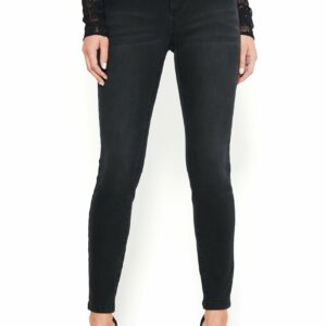 Bebe Women's Back V-Stitch Skinny Jeans, Size 31 in Black Cotton/Spandex