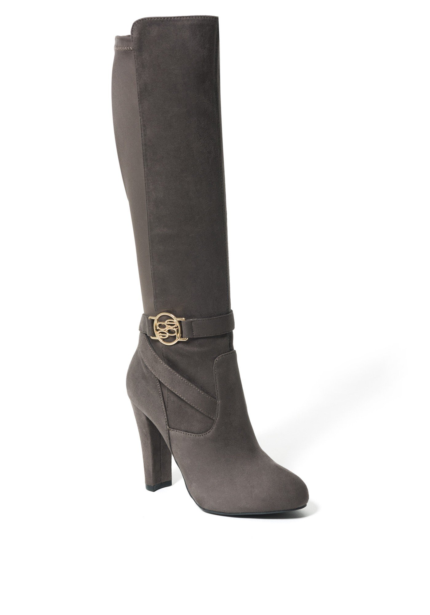 Bebe Women's Barya Logo Boots, Size 7 in Grey Suede