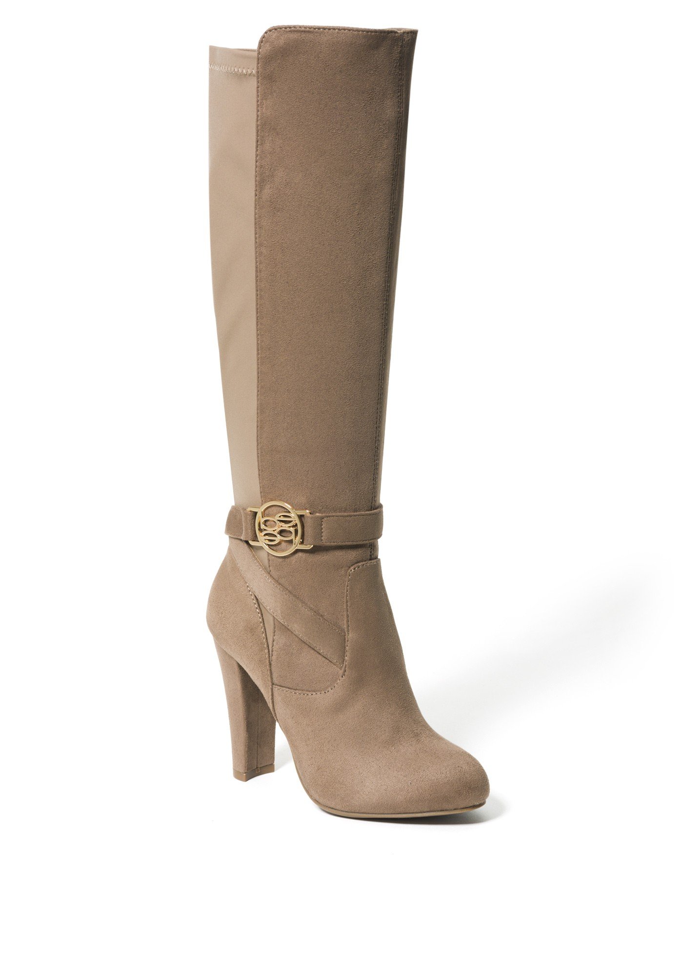 Bebe Women's Barya Logo Boots, Size 8 in Taupe Suede