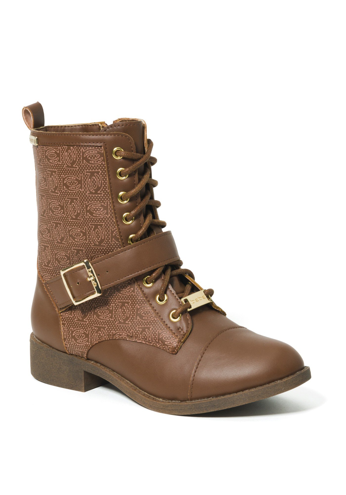 Bebe Women's Ofeibea Logo Ankle Boots, Size 7 in Cognac Synthetic