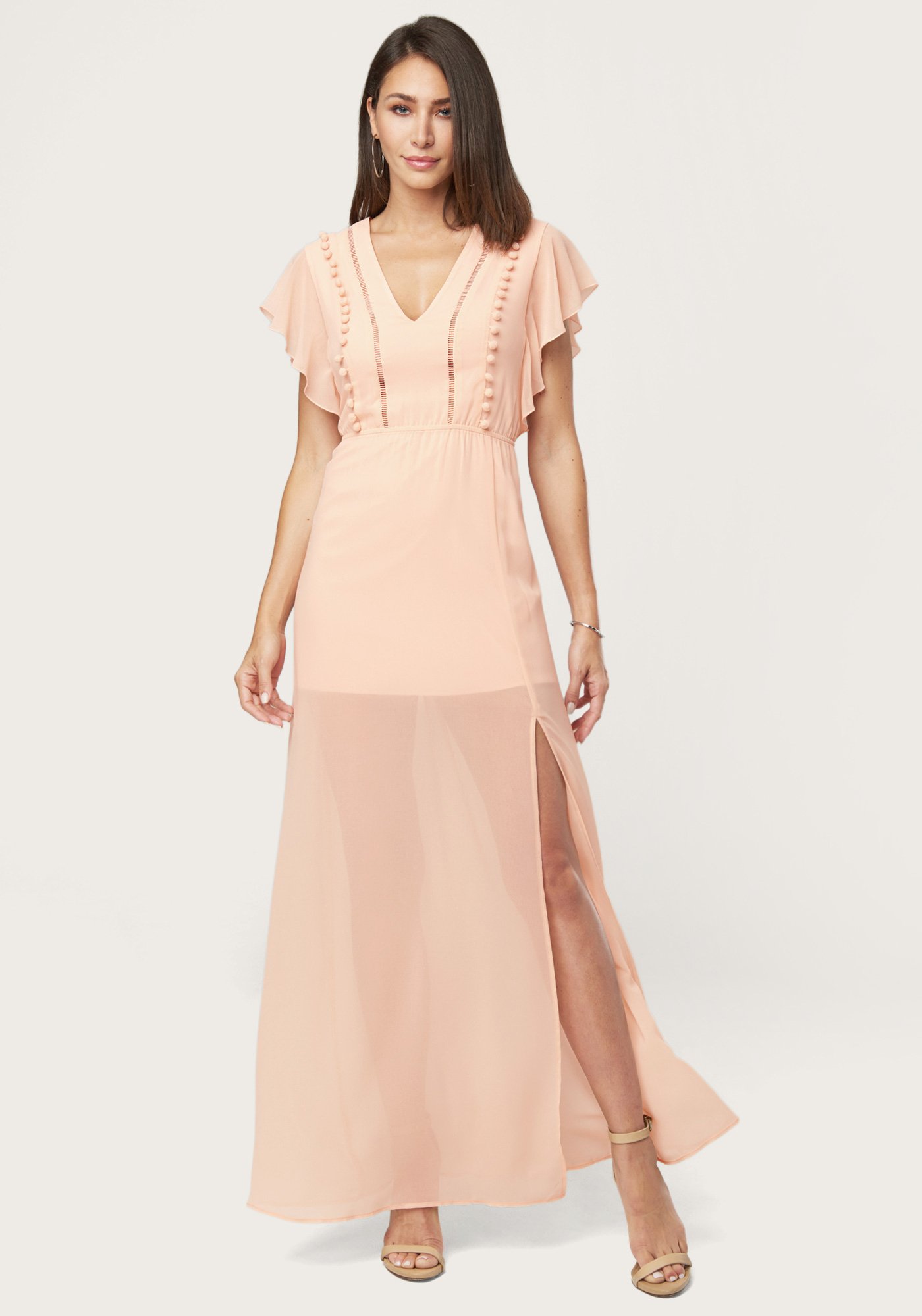 Bebe Women's Pom-Pom Detail Maxi Dress, Size 2 in Pale Blush Polyester